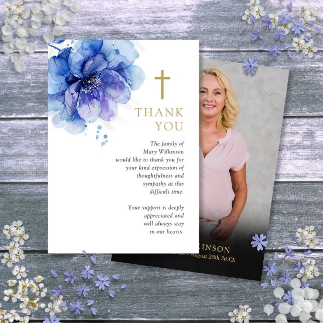 Blue Floral Christian Memorial Funeral Photo Thank You Card (Blue Floral Christian Memorial Funeral Photo Thank You Card)