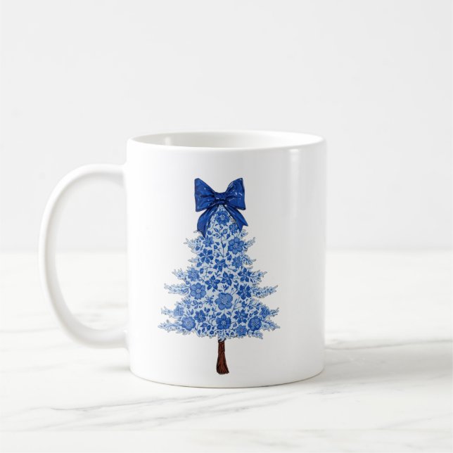 Blue Floral Christmas Tree Coffee Mug (Left)