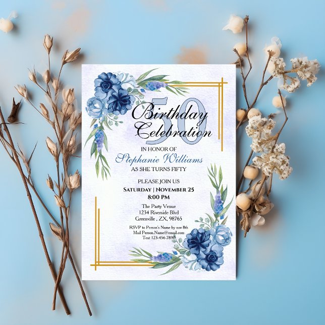 Blue Floral Classic Elegant Women's 50th Birthday Invitation (Creator Uploaded)