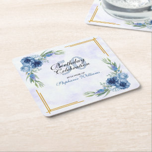 Blue Floral Classic Elegant Women's 50th Birthday Square Paper Coaster