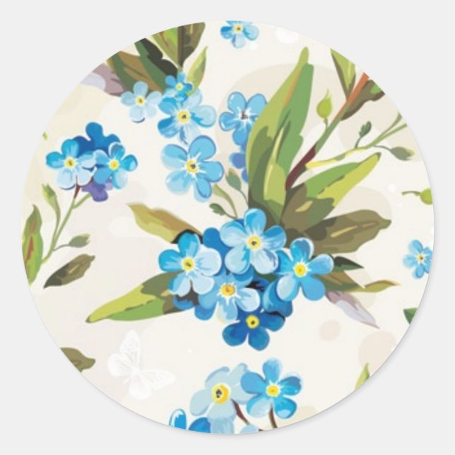 Blue Floral Classic Round Sticker (Front)