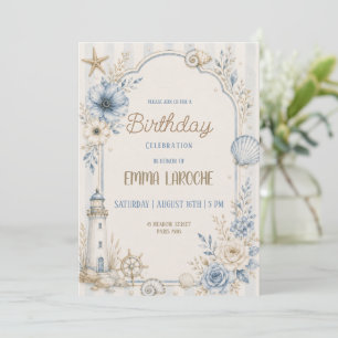 Blue Floral Coastal Birthday Watercolor  Invitation