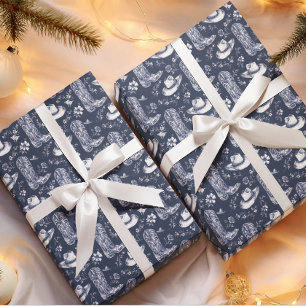 Blue Floral Coastal Cowgirl Western Christmas Wrapping Paper