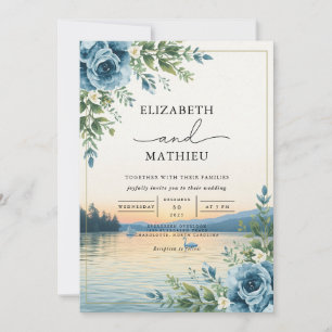 Blue Floral Coastal Landscape Wedding Invitation