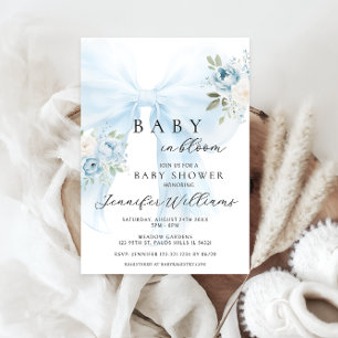 Blue floral Coquette Bow Baby in bloom Boy shower Invitation