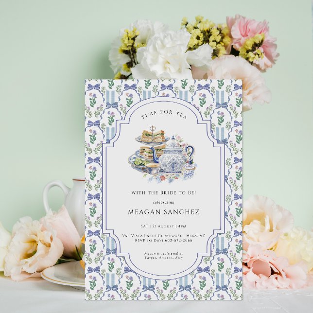 Blue Floral Coquette Tea Party Bridal Shower Invitation (Creator Uploaded)