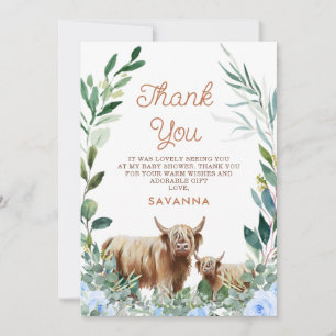 Blue Floral Cow Calf Baby Shower Thank You Card