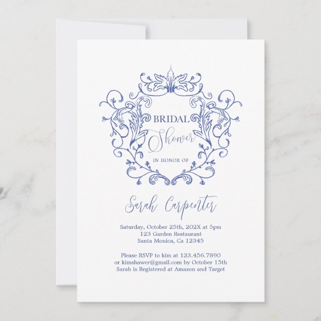 Blue Floral Crest Bridal Shower Invitation (Front)
