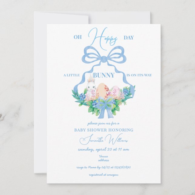 Blue Floral Crest Easter Bunny Boy Baby Shower Invitation (Front)