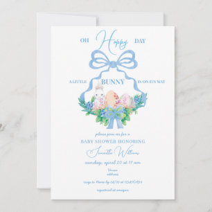 Blue Floral Crest Easter Bunny Boy Baby Shower Invitation