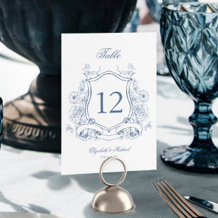 Blue Floral Crest Elegant Victorian Wedding Table Number