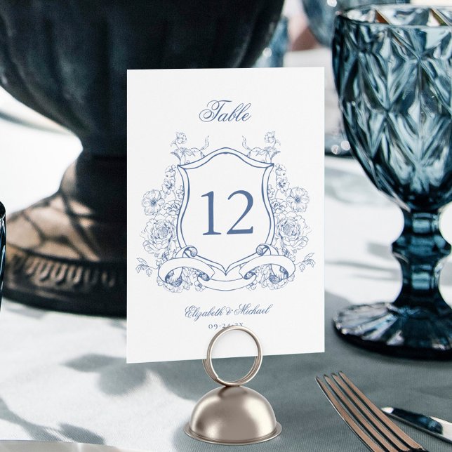 Blue Floral Crest Elegant Victorian Wedding Table Number (Creator Uploaded)