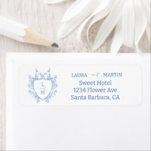 Blue floral crest frame, calligraphy script invita return address label