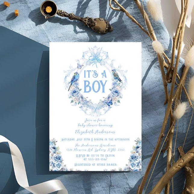 Blue Floral Crest It's a Boy Baby Shower Invitation (Creator Uploaded)