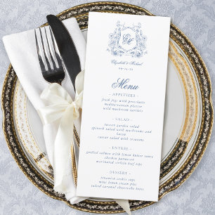 Blue Floral Crest Monogram Elegant Wedding Menu