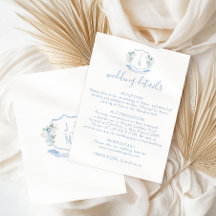 Blue Floral Crest Monogram Wedding Details Card