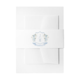 Blue Floral Crest Monogram Wedding Invitation Belly Band