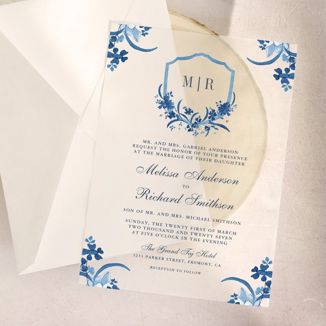 Blue Floral Crest Monogram Wedding Vellum Invitations (Creator Uploaded)