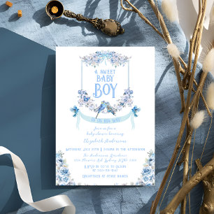 Blue Floral Crest Sweet Baby Boy Baby Shower Invitation