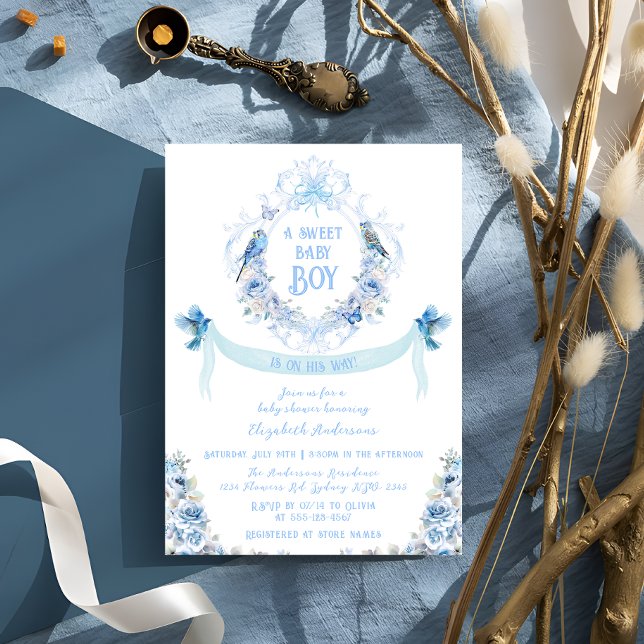 Blue Floral Crest Sweet Baby Boy Baby Shower Invitation (Creator Uploaded)