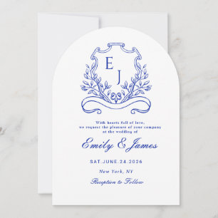 blue Floral Crest Victorian wedding invitation