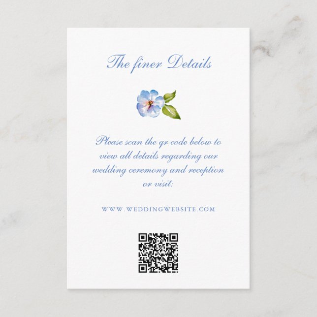 Blue Floral Crest Wedding Details QR Code Enclosure Card (Front)