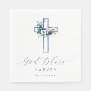 Blue Floral Cross Baby God Bless Baptism Napkin