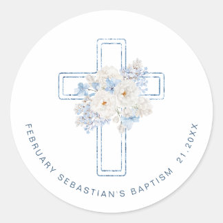 Blue Floral Cross Baptism Classic Round Sticker