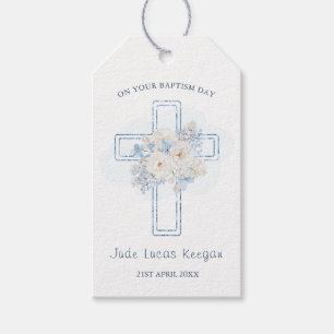 Blue Floral Cross Baptism  Gift Tags