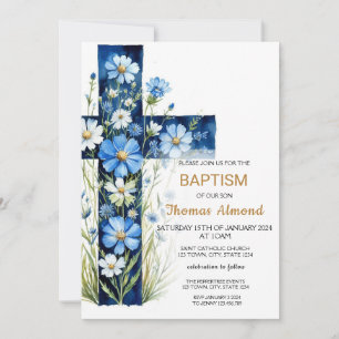 Blue Floral Cross Baptism Invitation