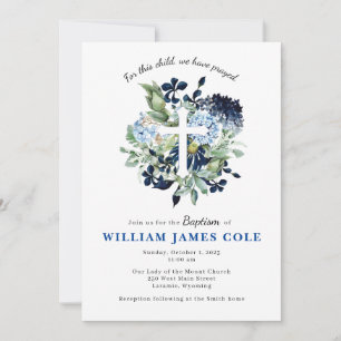 Blue Floral Cross Baptism Invitation