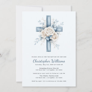 Blue Floral Cross Baptism Invitation