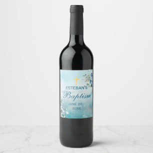 Blue Floral Cross Baptism  Wine Label