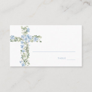 Blue Floral Cross Boy Baptism Place Card