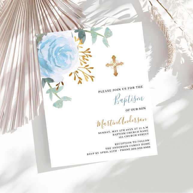 Blue floral cross boy budget baptism invitation (Creator Uploaded)