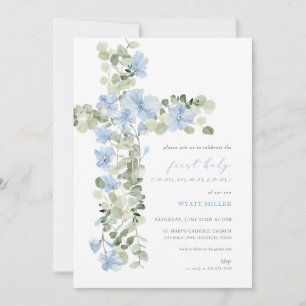 Blue Floral Cross Boy First Holy Communion Invite