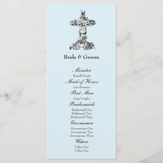 Blue Floral Cross Christian Wedding Program (Front)