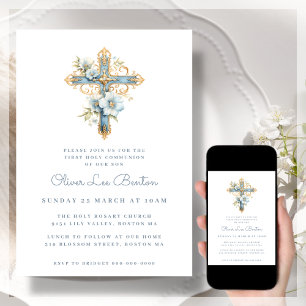 Blue Floral Cross First Holy Communion Invitation