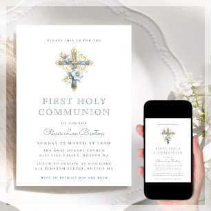 Blue Floral Cross   First Holy Communion  Invitation