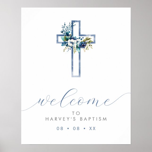 Blue Floral Cross Modern Script Welcome Poster (Front)