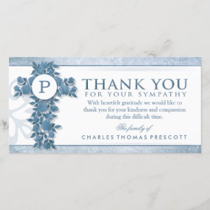 Blue Floral Cross Monogram Thank You Sympathy Card