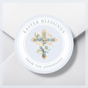 Blue Floral Cross Religious Easter Blessings  Classic Round Sticker