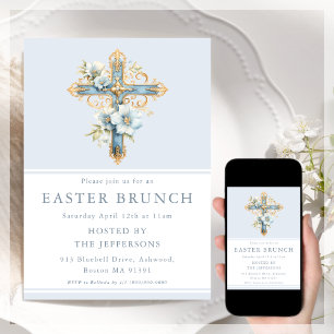 Blue Floral Cross Religious Easter Brunch Invitation
