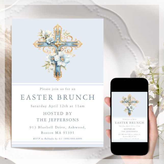 Blue Floral Cross Religious Easter Brunch Invitation (Creator Uploaded)