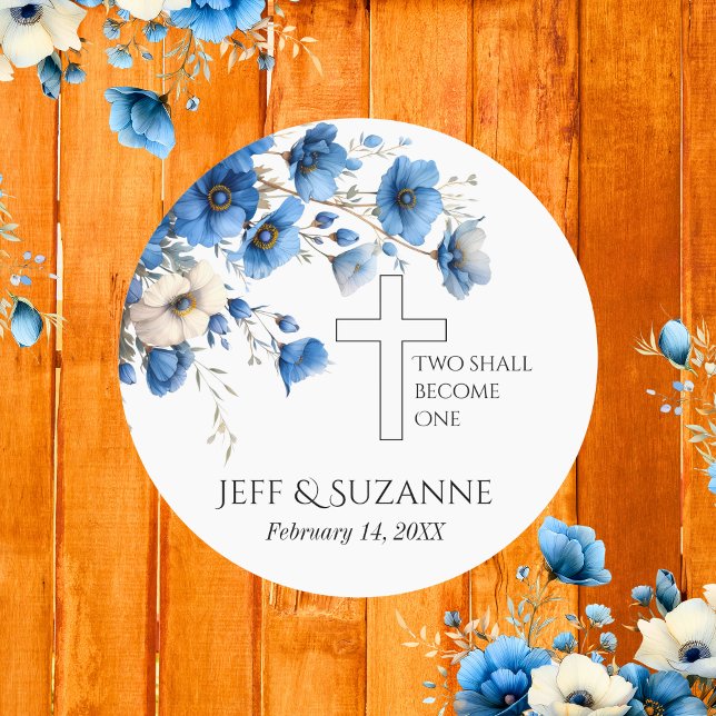Blue Floral Cross Two Become One Wedding  Classic Round Sticker (Summer Wedding Floral Stickers)
