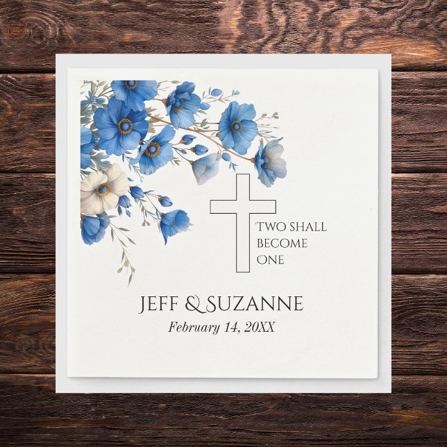 Blue Floral Cross Two Become One Wedding  Napkin (Blue Floral Cross Two Become One Wedding Napkins)