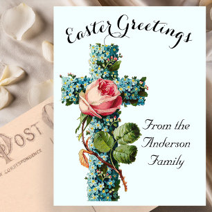 Blue Floral Cross Vintage Easter Religious Postcard