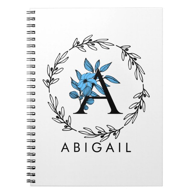 Blue Floral Custom Monogram - Letter A Notebook (Front)