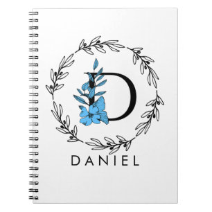 Blue Floral Custom Monogram - Letter D Notebook