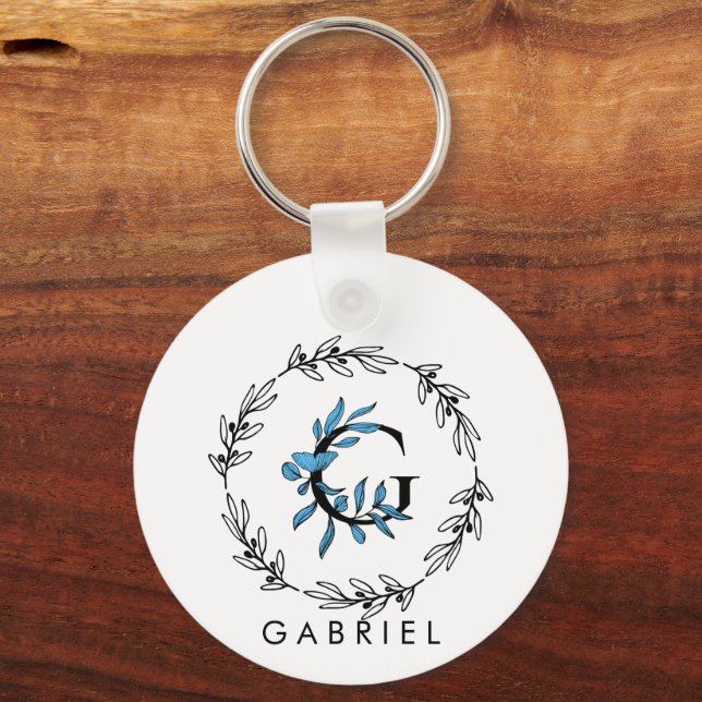 Blue Floral Custom Monogram - Letter G Key Ring (Front)